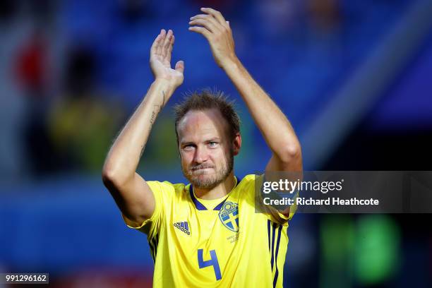 Andreas Granqvist of Sweden celebrates following his sides victory in the 2018 FIFA World Cup Russia Round of 16 match between Sweden and Switzerland...