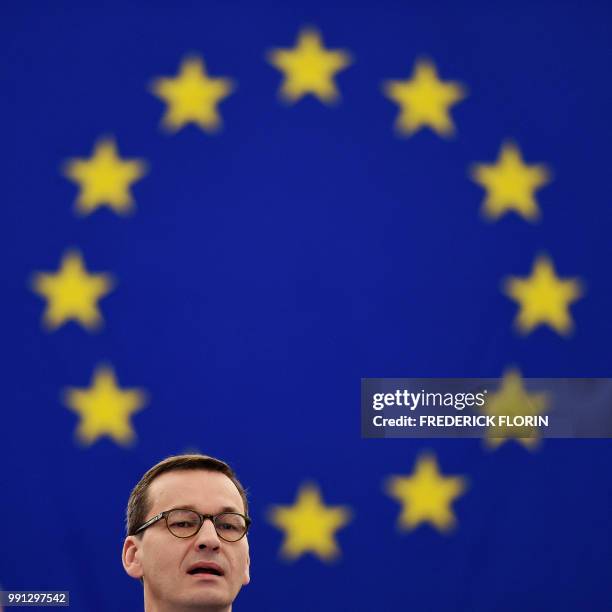 Poland's Prime Minister Mateusz Morawiecki arrives for a debate on the future of Europe during a plenary session at the European Parliament on July...