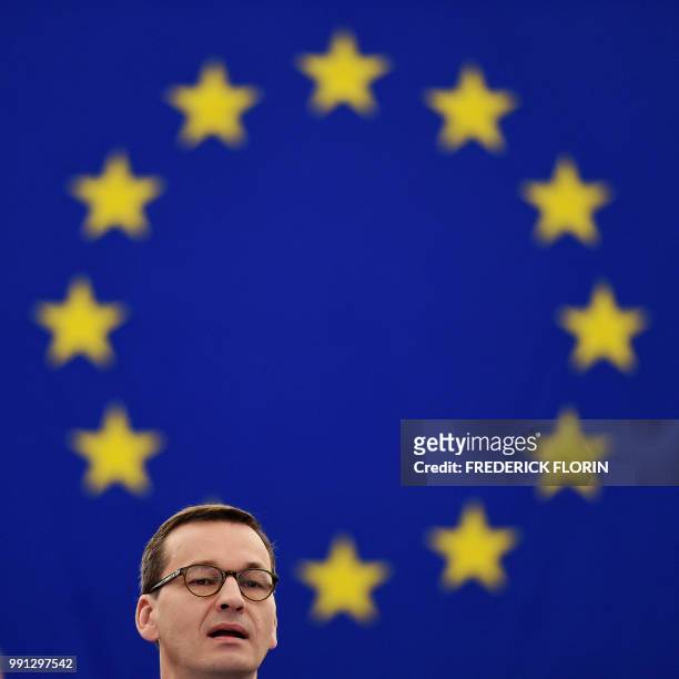 Poland's Prime Minister Mateusz Morawiecki arrives for a debate on the future of Europe during a plenary session at the European Parliament on July...