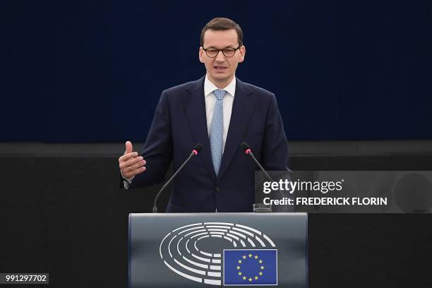Poland's Prime Minister Mateusz Morawiecki speaks during a debate on the future of Europe during a plenary session at the European Parliament on July...