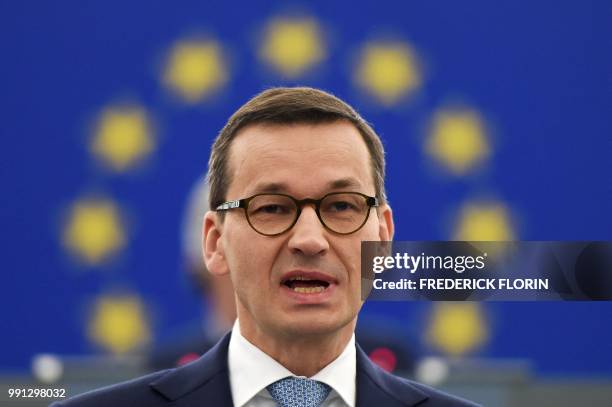 Poland's Prime Minister Mateusz Morawiecki arrives for a debate on the future of Europe during a plenary session at the European Parliament on July...