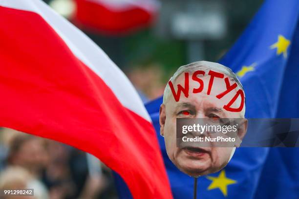 Banner of Jaroslaw Kaczynski's face with written 'Shame' during the protest against Supreme Court Reforms in Poland. Krakow, Poland on 3 July, 2018.