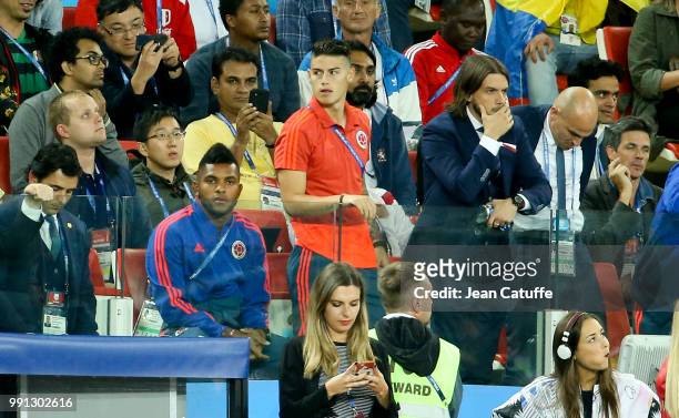 James Rodriguez of Colombia attends from the stands the 2018 FIFA World Cup Russia Round of 16 match between Colombia and England at Spartak Stadium...