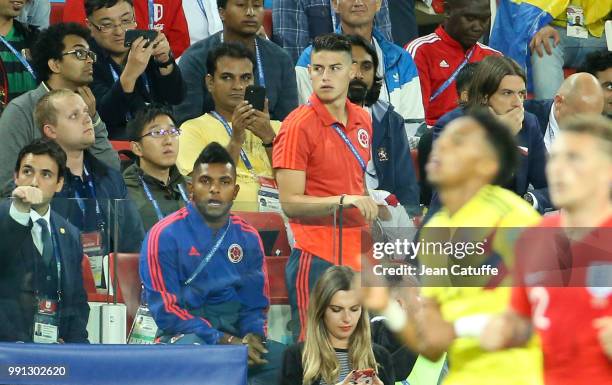 James Rodriguez of Colombia attends from the stands the 2018 FIFA World Cup Russia Round of 16 match between Colombia and England at Spartak Stadium...