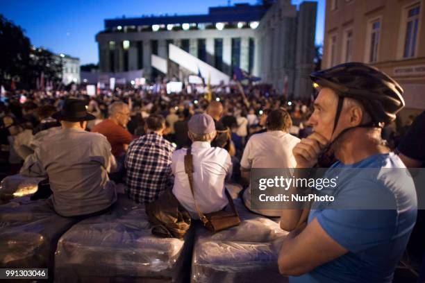 Protest near Supreme Court in Warsaw on July 3, 2018. A recently passed law which critics say is meant to remove political opposition forced nearly...