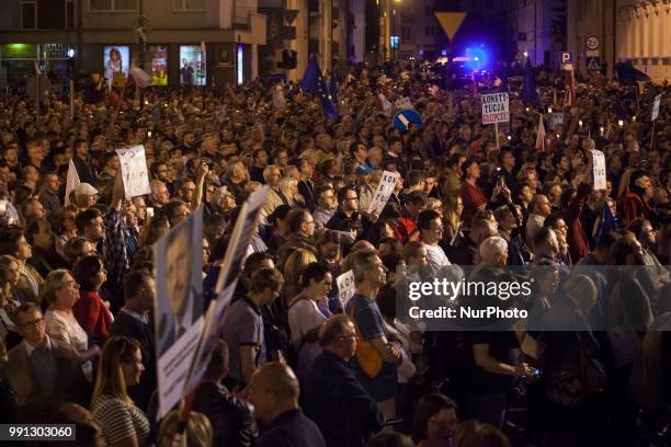 Protest near Supreme Court in Warsaw on July 3, 2018. A recently passed law which critics say is meant to remove political opposition forced nearly...