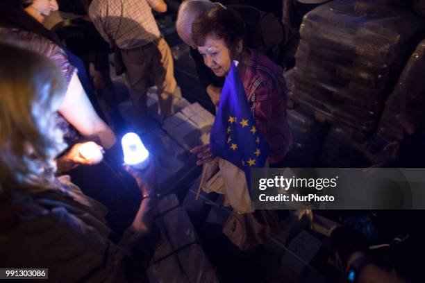 Protest near Supreme Court in Warsaw on July 3, 2018. A recently passed law which critics say is meant to remove political opposition forced nearly...