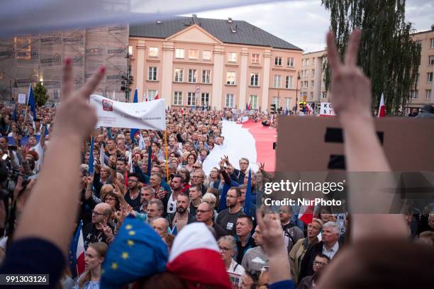 Protest near Supreme Court in Warsaw on July 3, 2018. A recently passed law which critics say is meant to remove political opposition forced nearly...