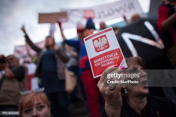 Protest near Supreme Court in Warsaw on July 3, 2018. A recently passed law which critics say is meant to remove political opposition forced nearly...