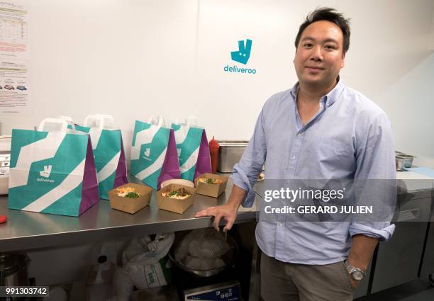 Co-founder and CEO of Deliveroo, William Shu, poses during the launch of first kitchen Deliveroo Editions in France, on July 3, 2018 in Saint-Ouen,...