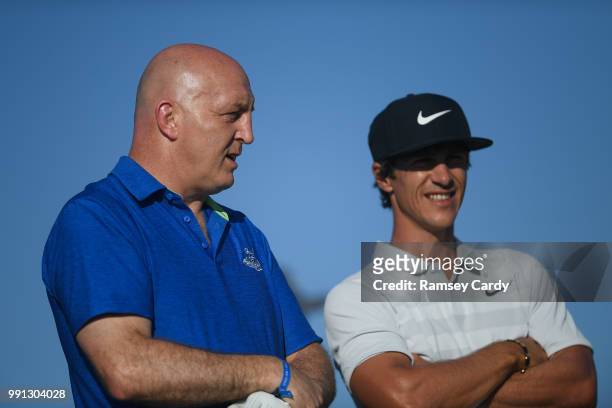Donegal , Ireland - 4 July 2018; Former Ireland rugby international and Munster player Keith Wood, left, and Thorbjørn Olesen of Denmark on the 1st...