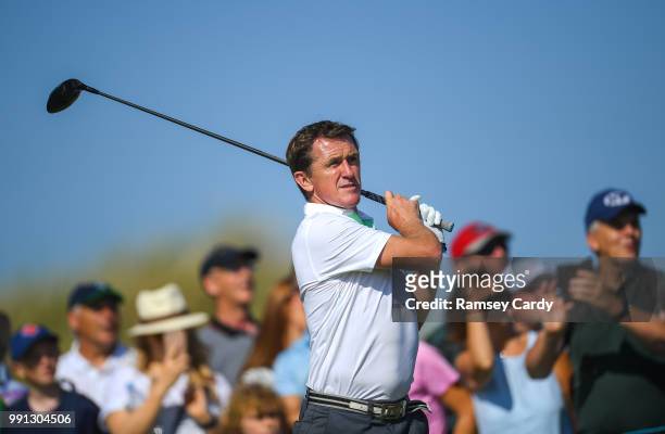 Donegal , Ireland - 4 July 2018; Former jockey AP McCoy watches his drive from the 2nd tee during the Pro-Am round ahead of the Irish Open Golf...