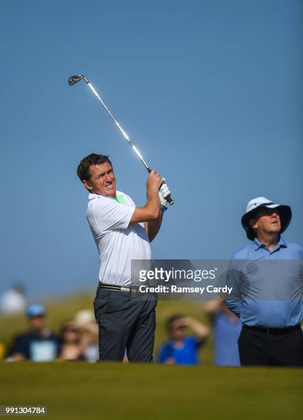 Donegal , Ireland - 4 July 2018; Former jockey AP McCoy watches his shot on the 2nd fairway during the Pro-Am round ahead of the Irish Open Golf...