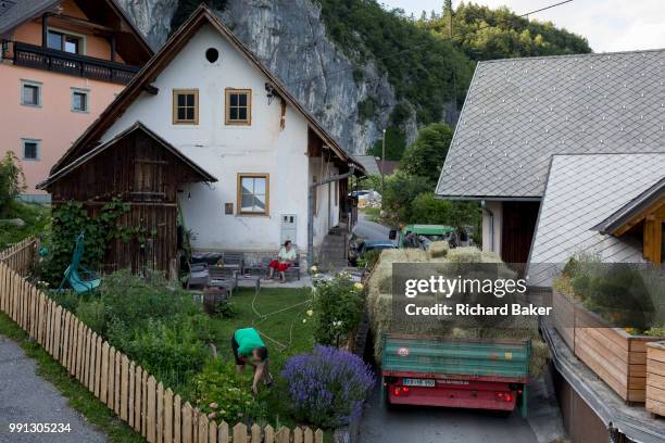 Trailer laden with freshly cut grass squeezes between walls in a rural Slovenian village, on 19th June 2018, in Bohinjska Bela, Bled, Slovenia.