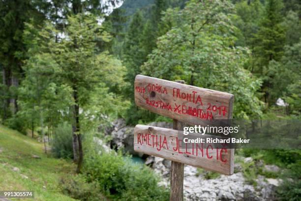 Signpost pointing to a WW1 wartime museum in the Triglavski Narodni Park, on 22nd June 2018, in Trenta, Triglav National Park, Slovenia.