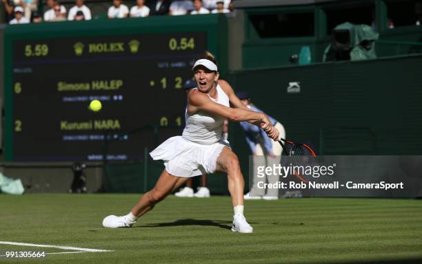 Simona Halep in action during her match against Kurumi Nara at All England Lawn Tennis and Croquet Club on July 3, 2018 in London, England.