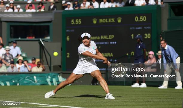 Kurumi Nara during her match against Simona Halep at All England Lawn Tennis and Croquet Club on July 3, 2018 in London, England.