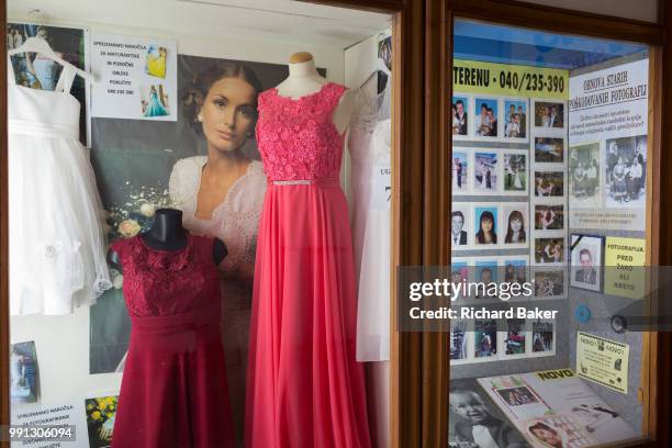 Window display of local businesses, on 23rd June 2018, in Celje, Slovenia.