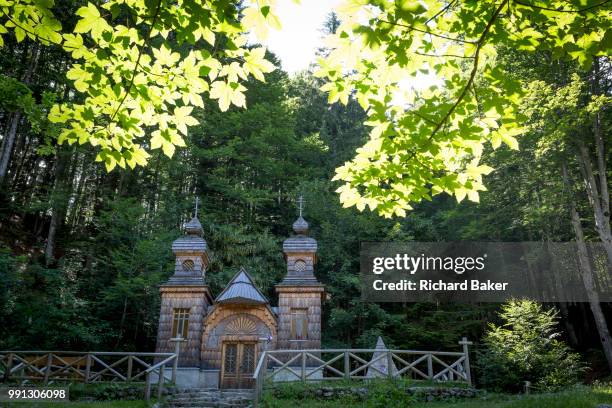 The wooden church built by Russian Prisoners of War during WW1, in honour of their comrades who died building the Vrsic Pass road near kranjska Gora,...