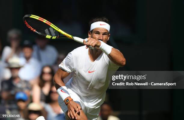 Rafael Nadal in action during his match against Dudi Sela at All England Lawn Tennis and Croquet Club on July 3, 2018 in London, England.