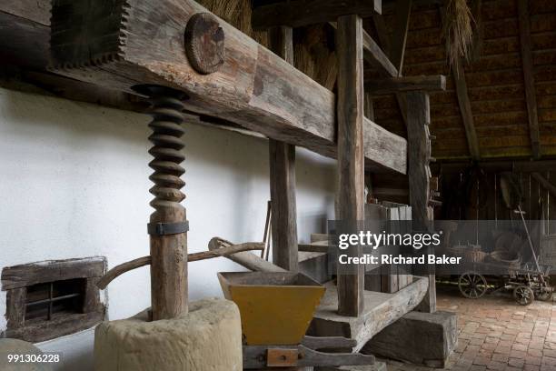 The wine press in the traditional Slovenian Barn at the Rogatec Open Air Museum, very close to the Croatian border, on 24th June 2018, in Rogatec,...