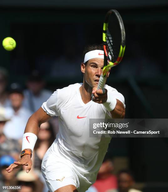 Rafael Nadal in action during his match against Dudi Sela at All England Lawn Tennis and Croquet Club on July 3, 2018 in London, England.