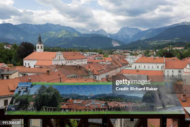 Looking north, an aerial view of the rural town of Kamnik in central Slovenia, on 26th June 2018, in Kamnik, Slovenia. As one of the oldest towns in...