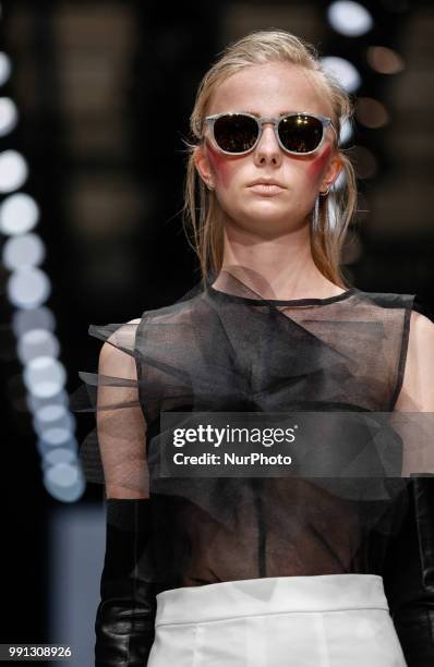 Model walks the runway at the Irene Luft show during the Berlin Fashion Week Spring/Summer 2019 at ewerk on July 3, 2018 in Berlin, Germany.