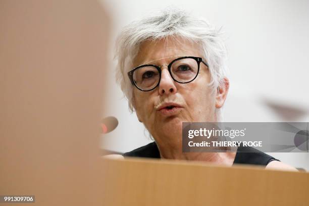 Ecolo-Groen's Muriel Gerkens speaks during a session of the justice commission of the federal parliament in Brussels on July 4 as they debate the...