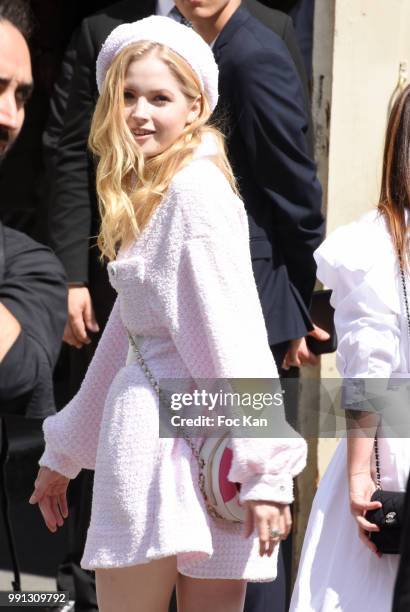 Ellie Bamber attends the Chanel Haute Couture Fall Winter 2018/19 show at Le Grand Palais on July 3, 2018 in Paris, France.