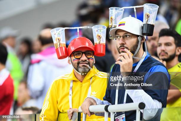 Fans in the stands drinking beer during the 2018 FIFA World Cup Russia Round of 16 match between Colombia and England at Spartak Stadium on July 3,...