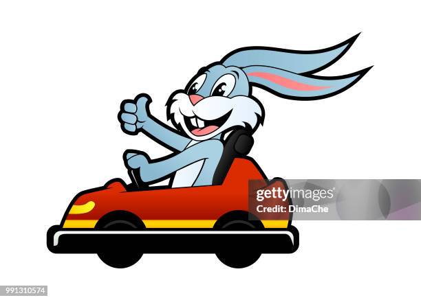 happy rabbit character in bumper car - animal ear stock illustrations