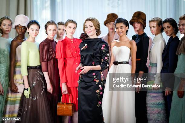Ulyana Sergeenko and models, after the Ulyana Sergeenko Haute Couture Fall Winter 2018/2019 show as part of Paris Fashion Week on July 3, 2018 in...