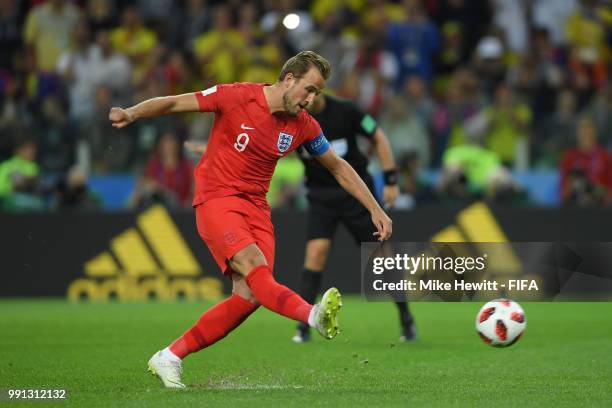 Harry Kane of England scores from the penalty spot during the 2018 FIFA World Cup Russia Round of 16 match between Colombia and England at Spartak...