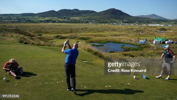 Former Irish rugby star Keith Wood on the 7th tee during the pro-am event prior to the Dubai Duty Free Irish Open at Ballyliffin Golf Club on July 4,...