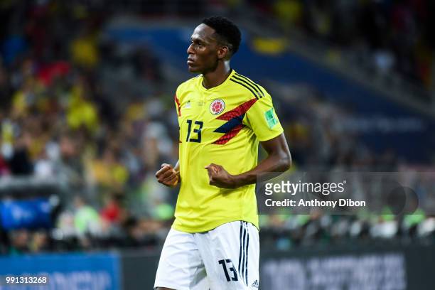 Yerry Mina of Colombia celebrates his goal during the 2018 FIFA World Cup Russia Round of 16 match between Colombia and England at Spartak Stadium on...