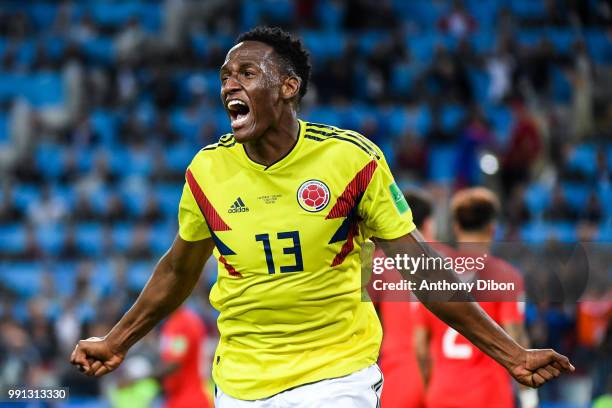 Yerry Mina of Colombia celebrates his goal during the 2018 FIFA World Cup Russia Round of 16 match between Colombia and England at Spartak Stadium on...