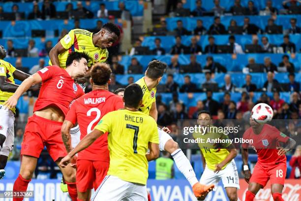 Yerry Mina of Colombia scores a goal during the 2018 FIFA World Cup Russia Round of 16 match between Colombia and England at Spartak Stadium on July...