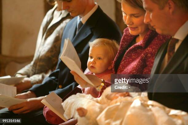 Princess Elisabeth, daughter of Belgium's Prince Philippe and Princess Mathilde, pictured during the baptism ceremony of her brother Prince Gabriel,...