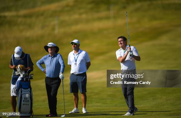 Donegal , Ireland - 4 July 2018; Former jockey AP McCoy watches his shot on the 1st fairway during the Pro-Am round ahead of the Irish Open Golf...