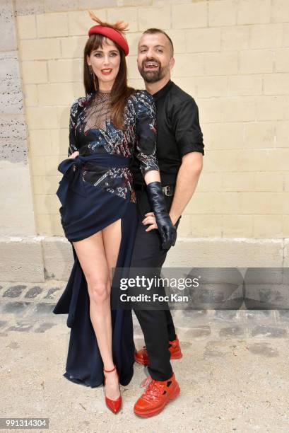 Frederique Bel and designer Julien Fournie attend the Julien Fournie Haute Couture Fall Winter 2018/2019 show as part of Paris Fashion Week on July...