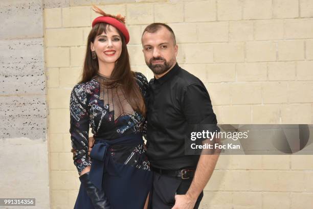 Frederique Bel and designer Julien Fournie attend the Julien Fournie Haute Couture Fall Winter 2018/2019 show as part of Paris Fashion Week on July...