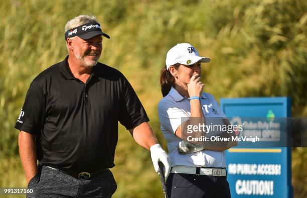 Donegal , Ireland - 4 July 2018; Darren Clarke of Northern Ireland and Sharon Smurfit, from the K Club, on the 1st tee box during the Pro-Am round...