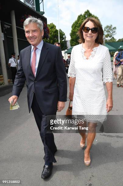 Carole and Michael Middleton attend day three of the Wimbledon Tennis Championships at the All England Lawn Tennis and Croquet Club on July 4, 2018...