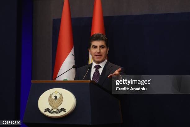 Prime Minister of Iraqi Kurdish Regional Government , Nechirvan Barzani holds a press conference after attending IKRG cabinet ministers meeting in...