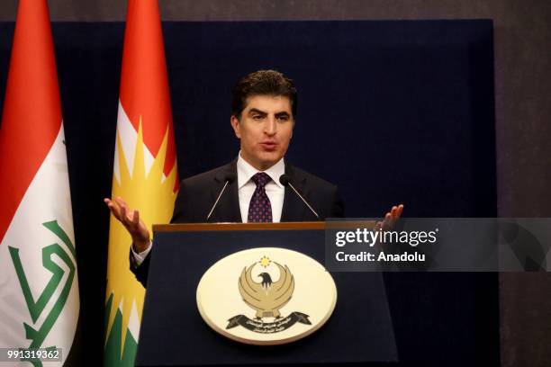 Prime Minister of Iraqi Kurdish Regional Government , Nechirvan Barzani holds a press conference after attending IKRG cabinet ministers meeting in...