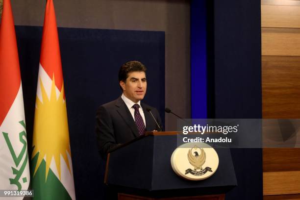 Prime Minister of Iraqi Kurdish Regional Government , Nechirvan Barzani holds a press conference after attending IKRG cabinet ministers meeting in...