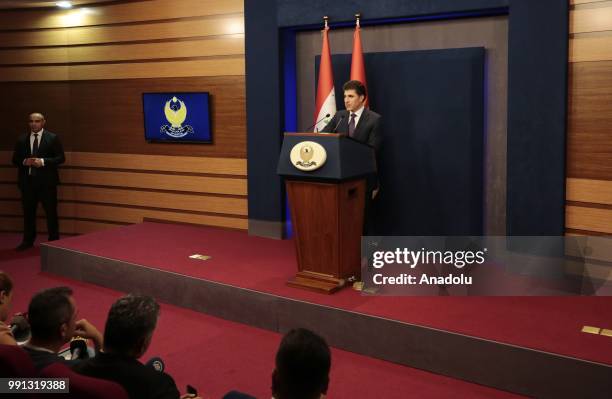 Prime Minister of Iraqi Kurdish Regional Government , Nechirvan Barzani holds a press conference after attending IKRG cabinet ministers meeting in...