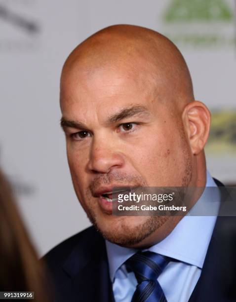 Mixed martial artist Tito Ortiz speaks to an interviewer during the 10th annual Fighters Only World Mixed Martial Arts Awards at Palms Casino Resort...