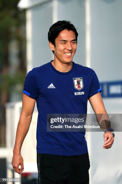 Makoto Hasebe of Japan smiles after announcing his retirement from international football on July 3, 2018 in Kazan, Russia.